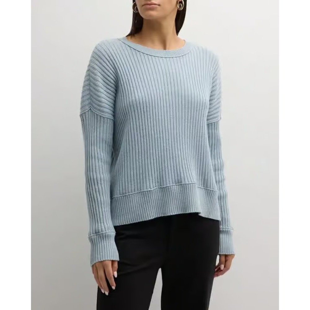 Eileen Fisher ribbed crewneck Cotton Cashmere Sweater Frost blue Size Large $288